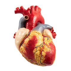 Naklejka premium Anatomical model of a human heart showing ventricles arteries and veins on a white background close up