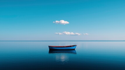 Naklejka premium Peaceful lake, lone boat, calm sky
