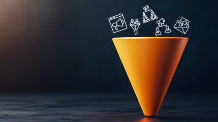A bright orange funnel with marketing and sales icons above it, symbolizing the sales or marketing funnel concept on a dark background.