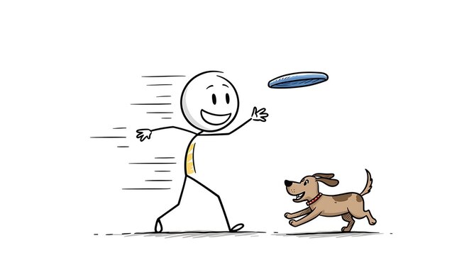 Animated stick figure throwing frisbee for excited brown dog on