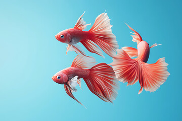 Fototapeta premium Vibrant red goldfish gracefully swimming against a serene blue background, showcasing their elegance