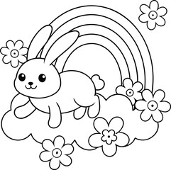 A Bunny Jumping Over A Rainbow With Clouds And Flowers Coloring Pages
