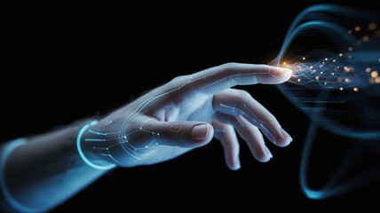 Holographic hand on dark background futuristic AI theme