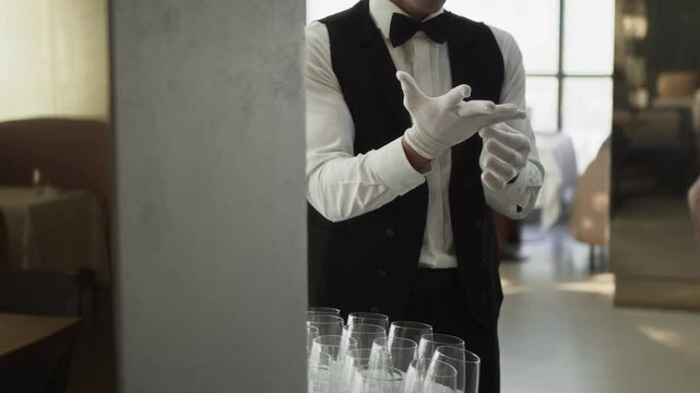 Cropped shot of unrecognizable server wearing classic uniform with bow tie and black vest putting on tight white gloves standing near tray with empty glasses in luxurious restaurant