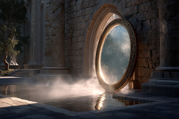 Magical ancient mirror with glowing rim and swirling mist inside the glass, standing in a stone archway, hyper-detailed fantasy portal artifact.