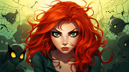 Spooky Halloween girl with captivating green cat eyes and fiery makeup for themed events