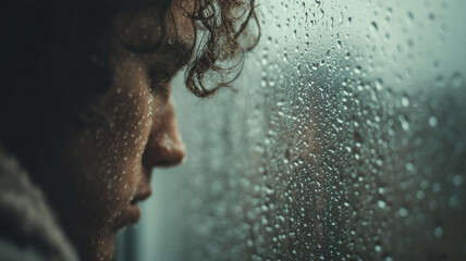 Pensive individual gazing through a rain-streaked window, lost in thought on a somber day, reflecting on life's complexities.