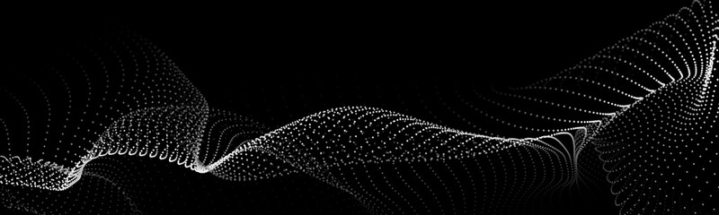 Wave of flowing particles on a dark background. Abstract backdrop with dynamic elements of waves and dots. Vector