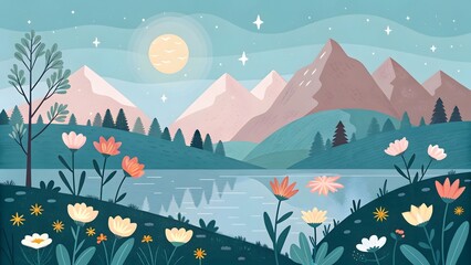 Spring nature landscape with colorful flowers and butterflies on a sunny meadow under the blue sky