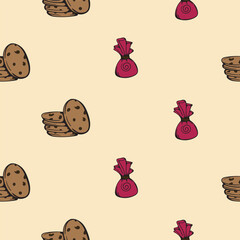 Candies and cookies. Sweets. Vector seamless pattern for wrapping paper, print, textile. Bright background with cartoon illustration