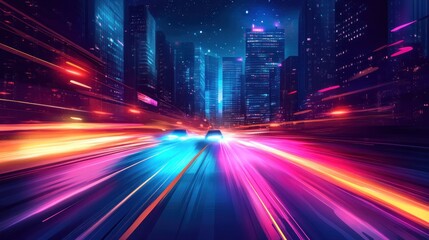 Obraz premium Futuristic city street at night with vibrant light trails