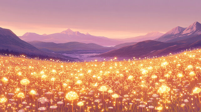 Shimmering golden meadow covered in tiny glowing mushrooms under a soft dusky violet sky, pastel mountains on the horizon, natural magical landscape, 2D soft dreamy illustration