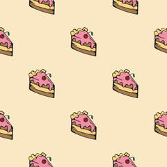 Piece of cake with pink cream and cherry. Bakery. Dessert. Vector seamless pattern for wrapping paper, print, textile. Bright background with cartoon illustration