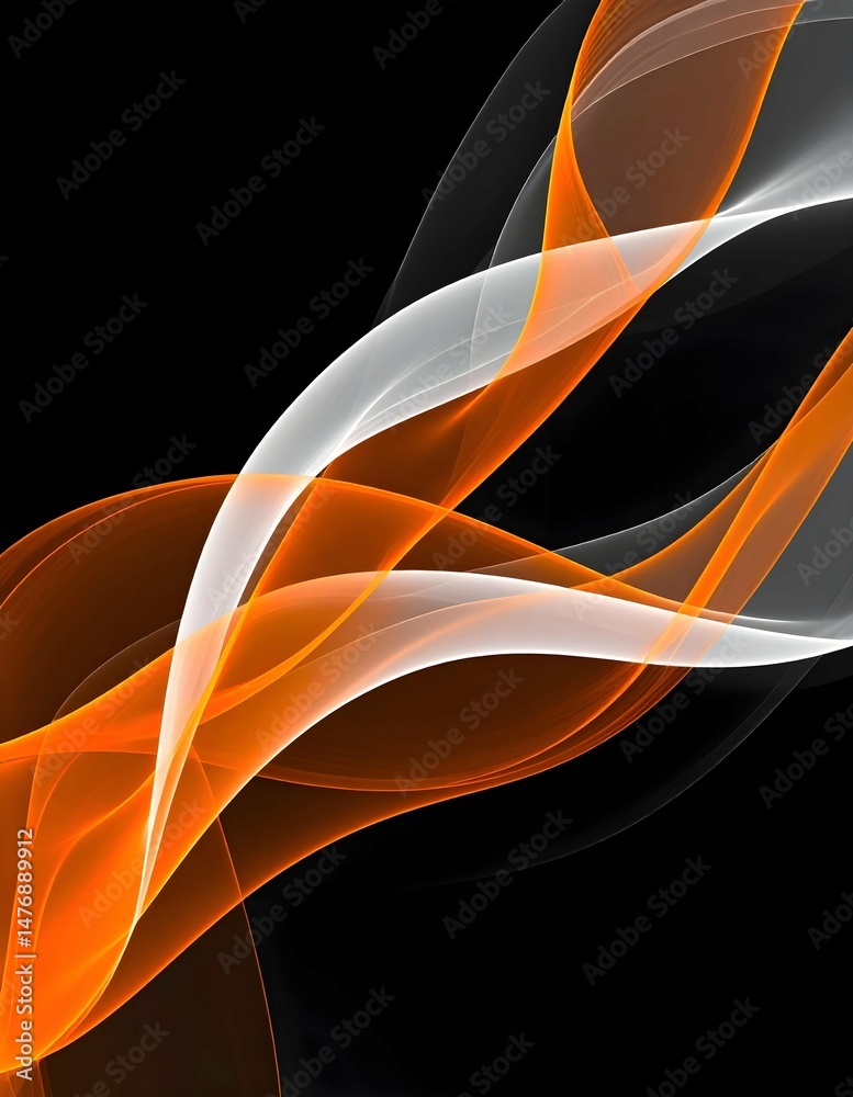 Poster Swirling abstract waves of vibrant orange and soft white flow across a stark black background, creating a dynamic and modern desig