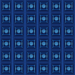 Seamless Blue 3d Geometric Pattern with Floral Center, Elegant Vector Background