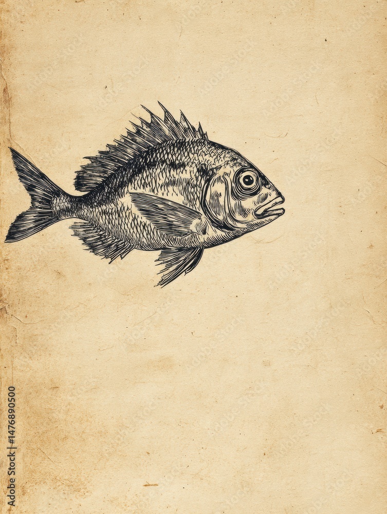 Fototapete black and white drawing of a fish on a beige textured background with an empty space for artistic ex