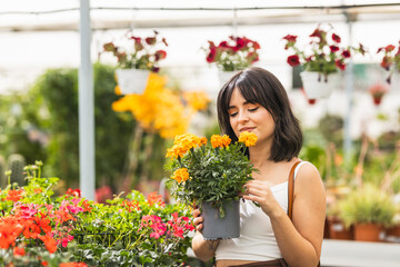 Woman buying marigold flowers in vibrant greenhouse