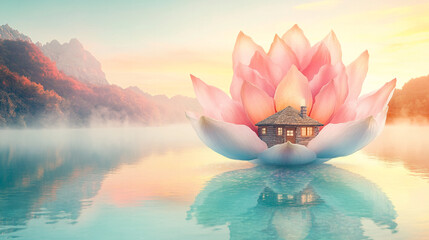 Tiny cottage built inside a giant flower blooming in the middle of a crystal-clear lake, misty pastel sunrise colors in the background, whimsical natural scene, 2D soft dreamy illustration