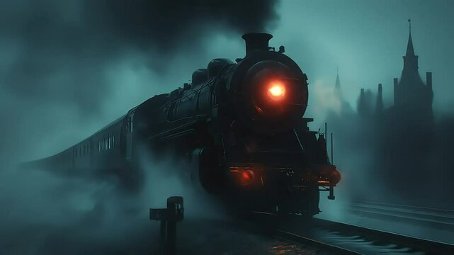 Steam train travels through foggy night landscape