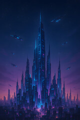 Obraz premium Tall glowing skyscrapers and flying vehicles in a high-tech cyberpunk-style city under a starry night sky..