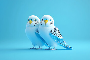 Two vibrant blue budgerigars standing side by side against a bright blue background
