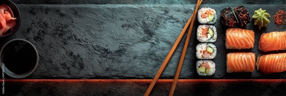 Aufkleber Sushi Set Arranged on Black Slate With Glowing Border and Open Space Above for Garnish and Sauces