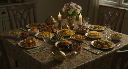 Fototapeta premium Festive meal served on a richly decorated table. Elegant dining scene