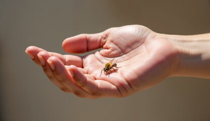 Hand holding a bee with focus on a potential sting reaction concept of bee sting on swollen hand  