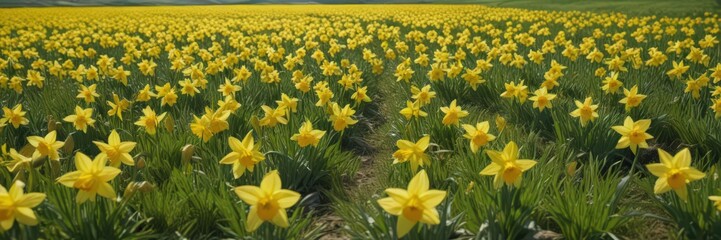 Obraz premium Vibrant yellow daffodil carpet in sunny green field Close-up , macro, golden, growth