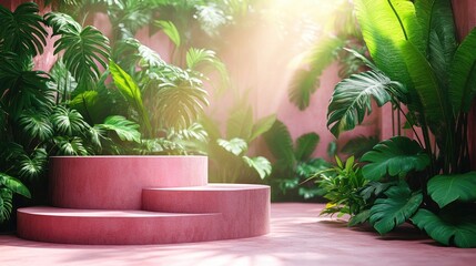 Pink podium surrounded by vibrant tropical plants, illuminated by soft sunlight. Ideal for showcasing products with a natural, vibrant, and clean aesthetic.