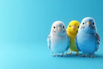 Three colorful budgerigars, two blue and one yellow, standing together against a bright blue backdrop