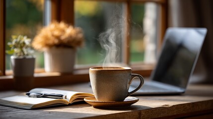 Cozy window workspace with coffee and laptop