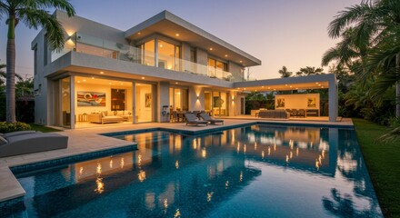 Fototapeta premium Modern house with pool at twilight