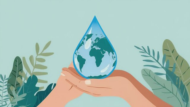 Protecting Our Planet: Hands Holding a Water Drop with World Map
