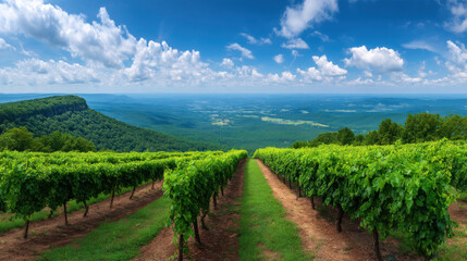 Vineyard rows stretch toward a distant mountain vista under a vibrant blue sky with puffy white clouds on a sunny day, showing the beauty of nature.