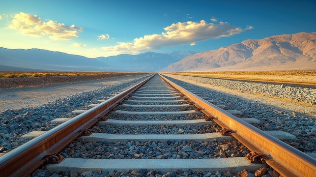 Rails stretch into the distance, mountains in the horizon