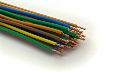 A close up shot featuring a bundle of colorful electrical wires with exposed copper ends against a plain background