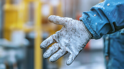 Close-up of a worker's outstretched gloved hand covered in white and grey grime amidst an industrial setting.