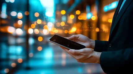 A man in a suit holds a tablet against a blurred bokeh-filled urban backdrop suggestive of technology and connectivity.