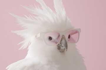 A white cockatoo with a raised crest wearing pink-tinted glasses poses against a pastel pink background.