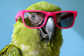 A vibrant green parrot perched against a blue backdrop playfully sporting bright pink sunglasses creates a whimsical and humorous close-up portrait.