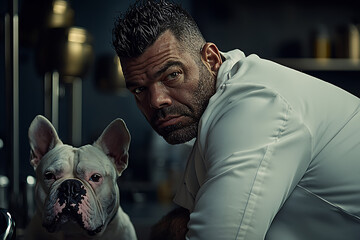 A muscular man in a white coat poses with a white bulldog against a dark metallic kitchen background.