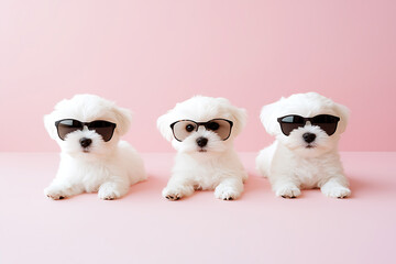 Three fluffy white puppies wearing sunglasses pose against a light pink background creating a cute and playful composition.
