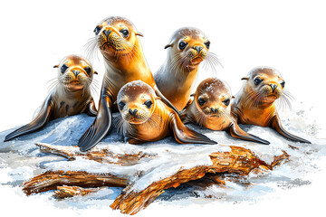 Six sea lions with curious expressions rest on a snowy log gazing forward with a playful charm.
