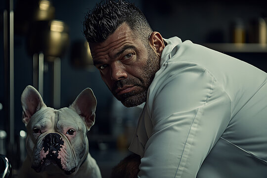 A muscular man in a white coat poses with a white bulldog against a dark metallic kitchen background.