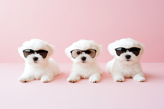 Three fluffy white puppies wearing sunglasses pose against a light pink background creating a cute and playful composition.