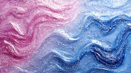 Wavy glittery texture with a color gradient transitioning from light pink to light blue creating a shimmering and ethereal effect.