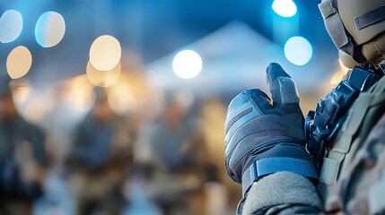 A soldier gives a thumbs up to a blurred group illuminated by bright soft bokeh lights at night.