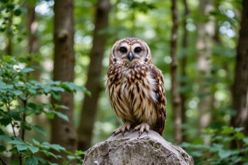 Majestic Owl Perched on Rock Surrounded by Lush Green Forest and Soft Natural Light