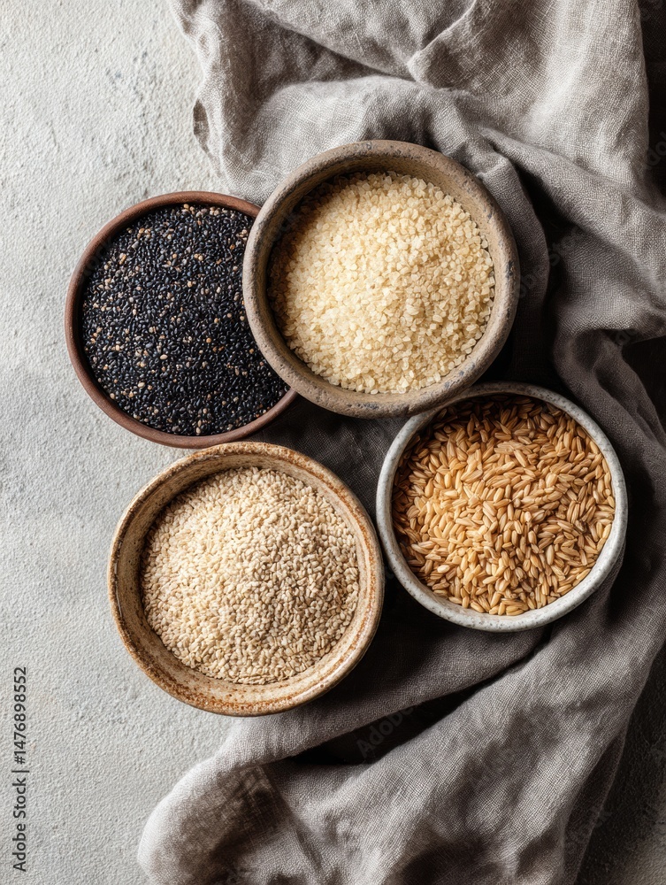 Aufkleber Whole Grains Displayed in Bowls on Soft Cloth Highlighting Their Textures and Colors in a Rustic Kitchen Setting